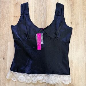 Sleek Black Satin Camisole with Lace Trim